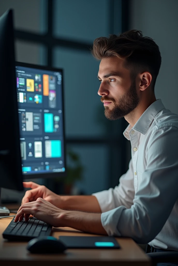 A man with a beard sitting in front of a computer creating graphic design