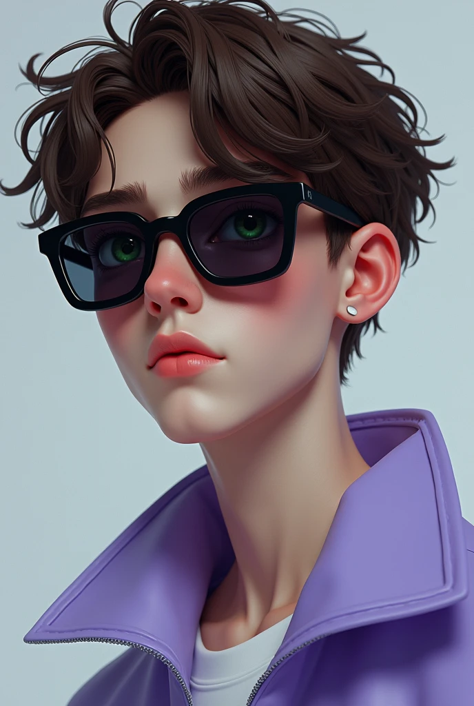 Create an image of a human teenage male with dark glasses and short straight brown hair and green eyes and a light purple jacket