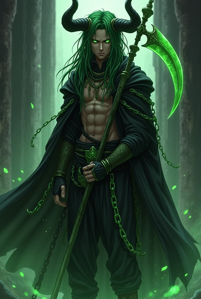 anime boy (dark fantasy) with green dreads, green eyes, brown skin, black horns and a black cloak with green chains around him as he holds a green scythe (full body)