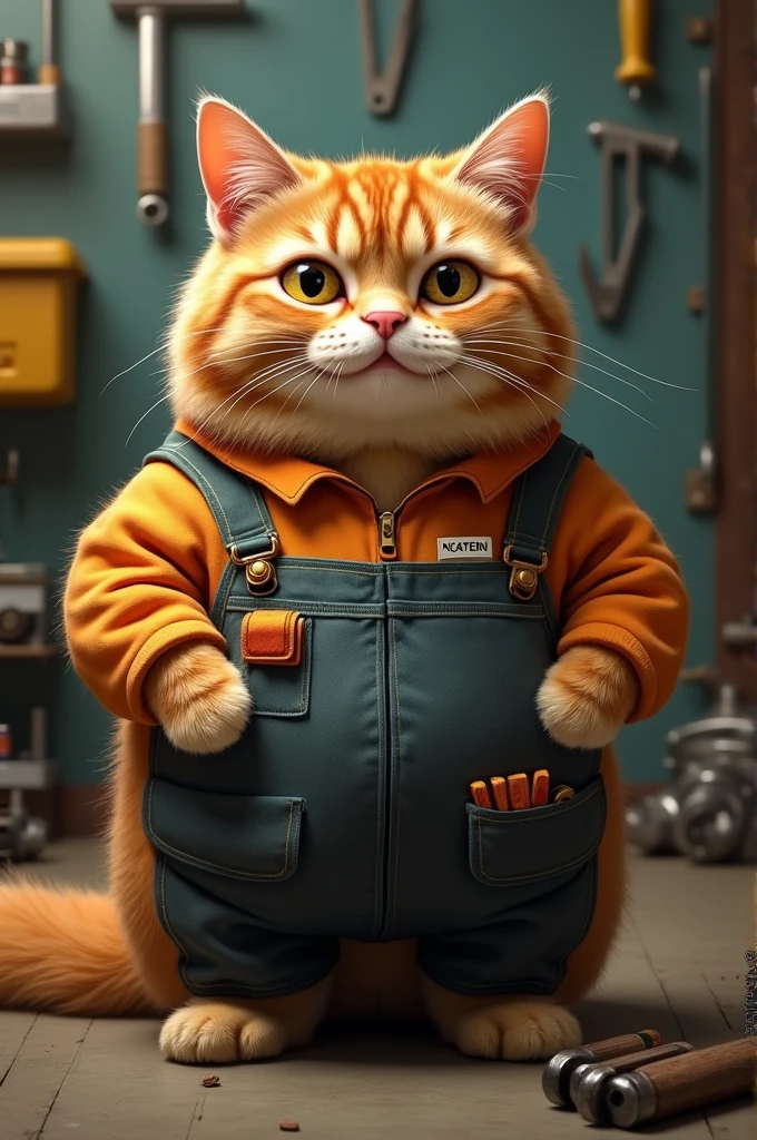 Fat cat in maintenance uniform