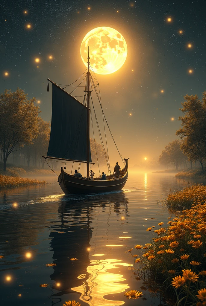A black and golden colour boat on calm river full of golden flowers, lights and stars, night sky with falling stars, dramatical illusion of light and rays, a full moon on the middle and reflection on the river