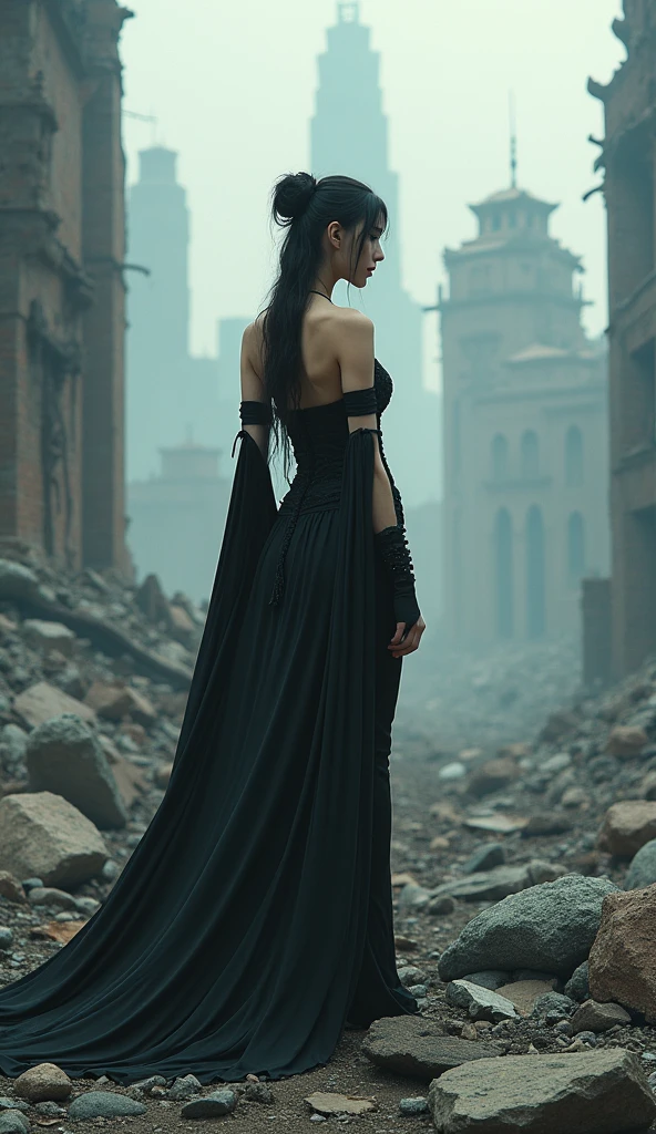 Chinesa, gothic, majestic body, goddess, big-ass, legging pants, standing backwards, looking at the destroyed city, photo 9 :16
