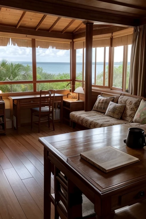 Southern Island Desk、indirect lighting、Wood Deck、Country atmosphere、Woodhouse、antique、A little bit European、living、indoor、antique家具、Holiday Homes、sofa、cushion、Large windows、Outside you can see palm trees and a sandy beach.、The pillars and walls of the room are all made of wood.、There are books and coffee on the desk、The furniture has a modern gothic feel、A room with a lot of stuff、The lighting is a bare bulb、Increase the number of star-themed miscellaneous goods and accessories、外は夕方でSunset skyが窓から見える、View of sandy beach and palm trees、The window is empty、The curtains are fluttering in the wind、In the evening atmosphere、More sad evening air、It&#39;s a house by the sea、The sunset is reflected in the sea, making it red.、The darkening atmosphere of the evening、Swedish furniture、There are lots of photo frames and decorations.、Outside, the sea is right next to me.、The sunset reflects on the sea、夕方だから少し暗くてRed Skyなの、It&#39;s getting better、Outside there&#39;s the sea, the sand and the palm trees、Sunset sky、It&#39;s evening outside、窓から見える景色がSunset skyなの、That&#39;s good.！More red sunsets、Return to the evening、Red Sky