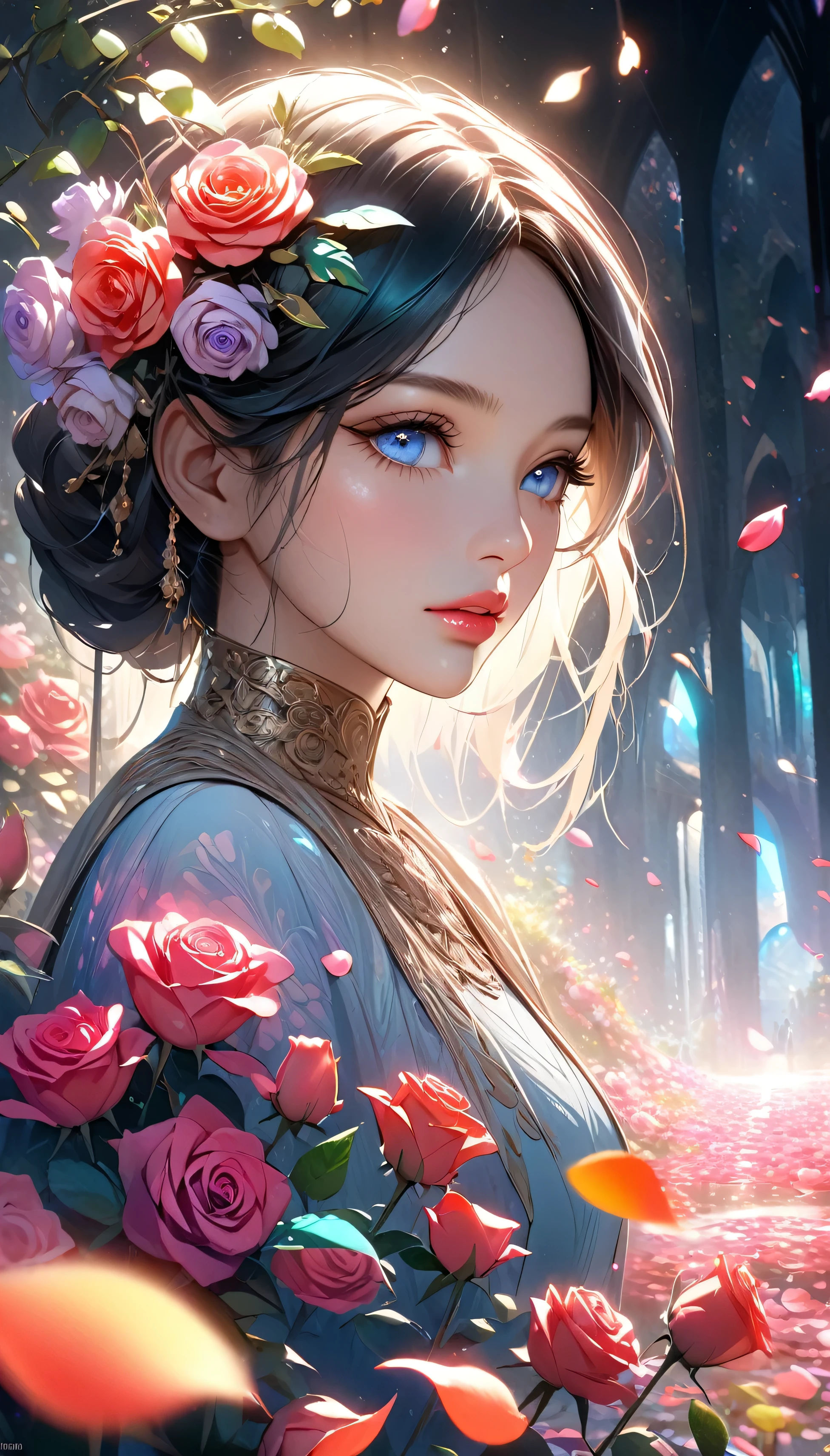 Rose landscape, bright canvas, The petals are fluttering, Transparent holographic reflection, A surreal landscape made of flower petals, Leaves viewers speechless, 
A beautiful world, 1 Uzbek woman, detailed eyes, detailed lips, very detailed face, long eyelashes, Beautiful and detailed portraits, elegant, tranquil expression, spring, high quality, 8k, 
realistic, surrealist, studio lighting, Physically Based Rendering, vivid colors, movie lights, dramatic lighting, soft lighting,
 dramatic contrast, clear, ethereal, dreamlike, mysterious, magical, fancy, concept art