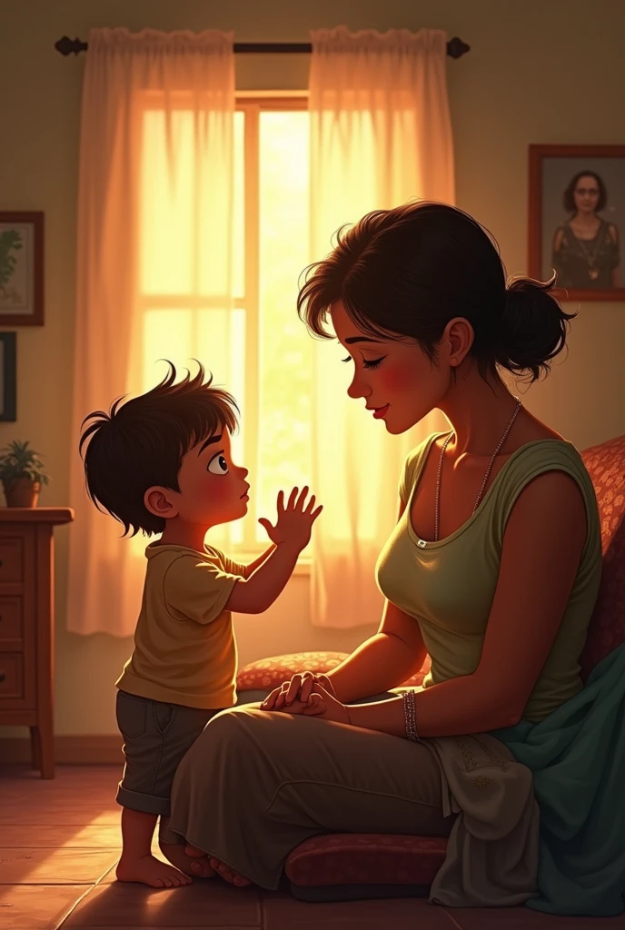 THE SUN IN PETER'S HOUSE :
Now create Pedro, a 1 boy, comforting his mother over the electricity bill.