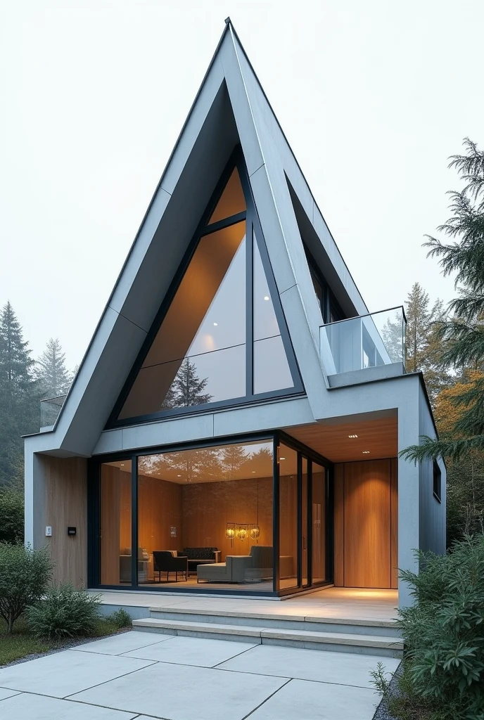 The facade of a modern house that has two sloping roofs, the first comes from the back of the house and starts from the back., and the second one from the front of the main entrance of the house 