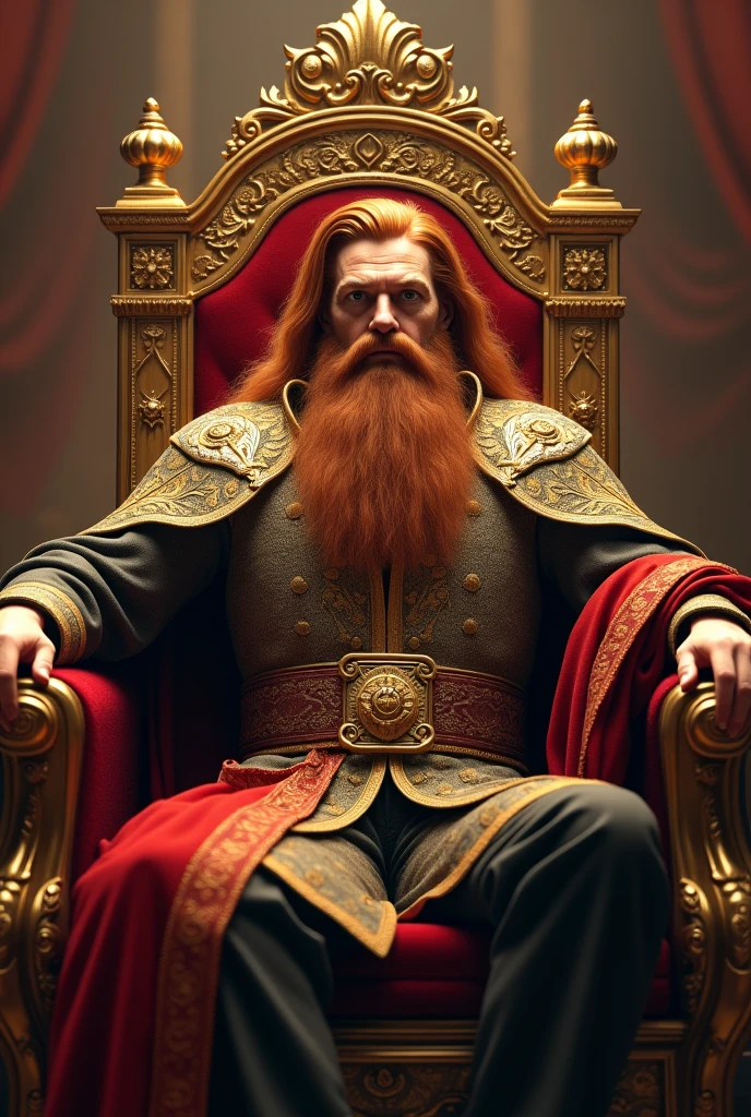 Brown haired man with red beard sitting on his golden throne