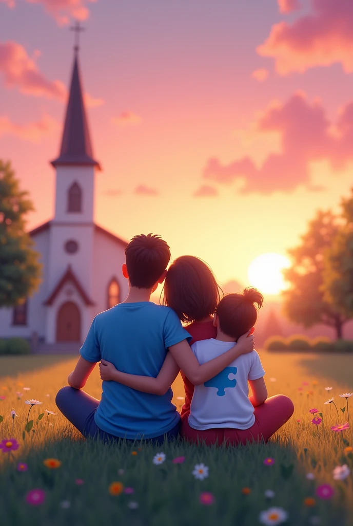 create an image with a family SITTING BACK TO BACK with a child wearing a blue Autism Symbol T-shirt, sitting on a lawn with the pink sunset in the background, next to the family a church FAR in the background