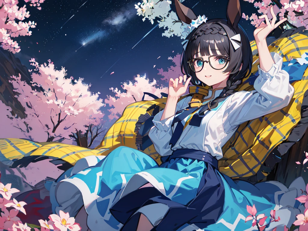 solo、Alone、１Alone。masterpiece, 超High resolution, Highest quality, High resolution, 8k、(noline:1.5)、(flat2-DIM1:1.5)、Shooting from above、Upper Body Shot。Girl with horse ears、beautiful girl、Wear black glasses。Big Breasts、Pale pink lips、smile。Blue blouse、Blue Skirt、A large blue ribbon on the chest。The body is tilted diagonally to the side、Place your hand on your chest。Wind、Starry Sky、cliff