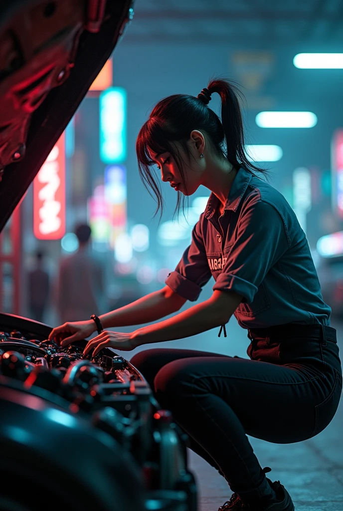 Girl with tuning car,tokio in background,angarage as shirt text