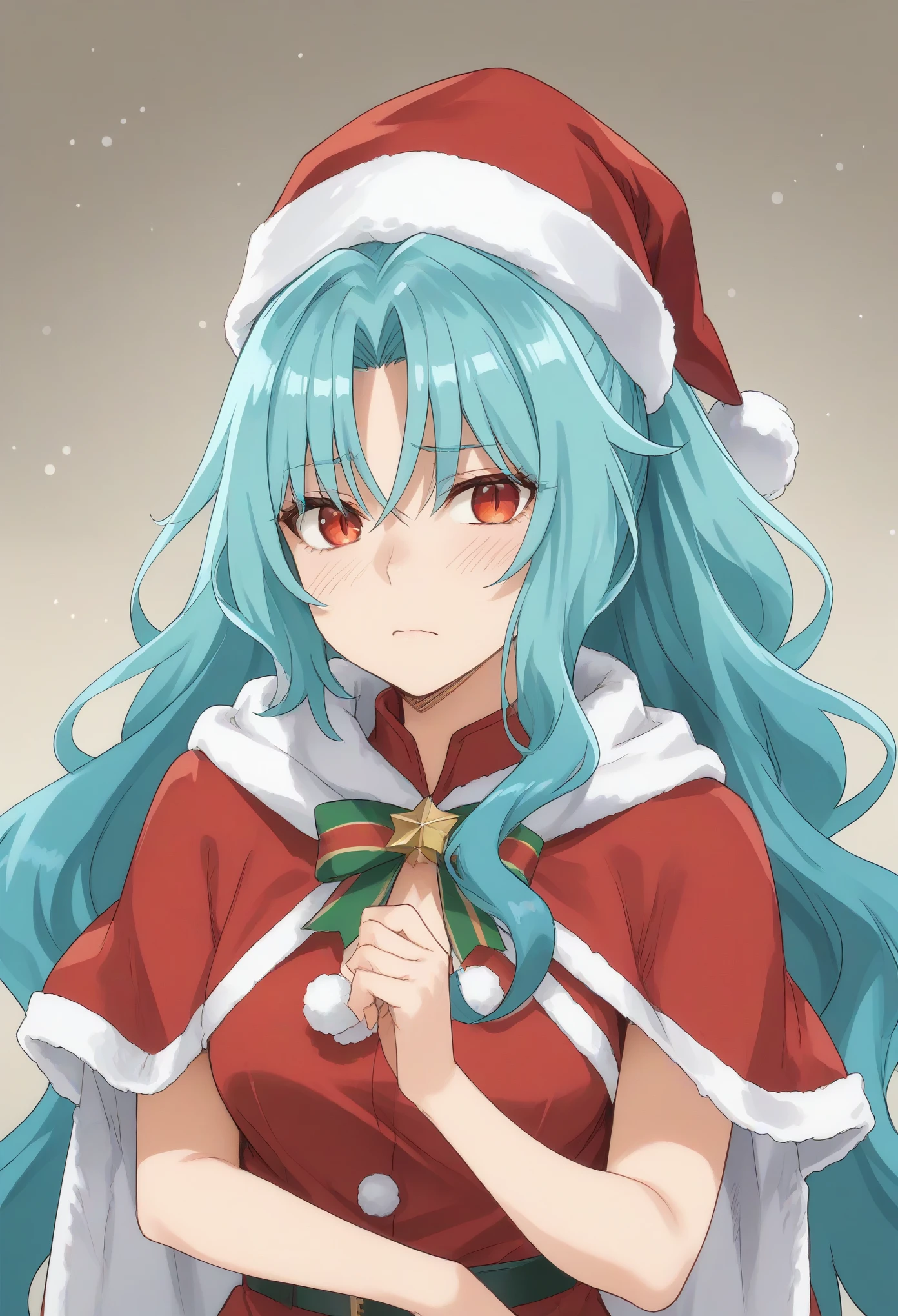 long hair aqua hair ponytail red eyes,slit pupils, blush, red capelet, christmas, santa dress, capelet, dress, fur-trimmed capelet, santa costume, santa hat, red dress, red headwear, bangs, breasts, fur-trimmed dress, hat, fur trim, upper body, masterpiece, best quality,