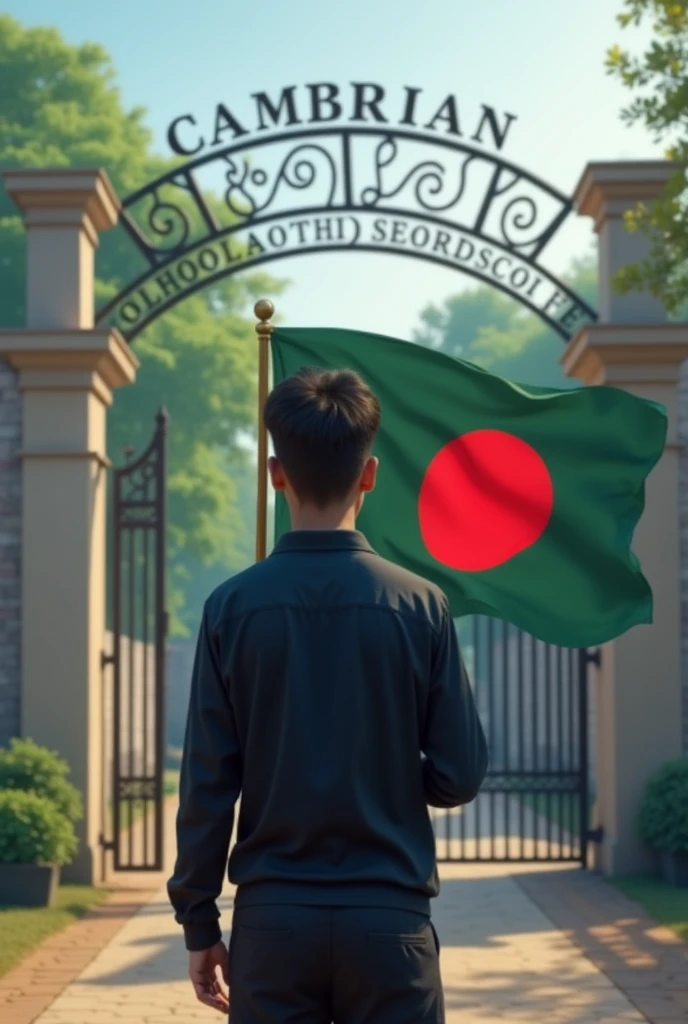 I am a boys student of cambrian school and College. I see my College gate.College name shown the college gate. College name cambrian College. I wear black shirt full sleve. My hand a Bangladeshi flag
