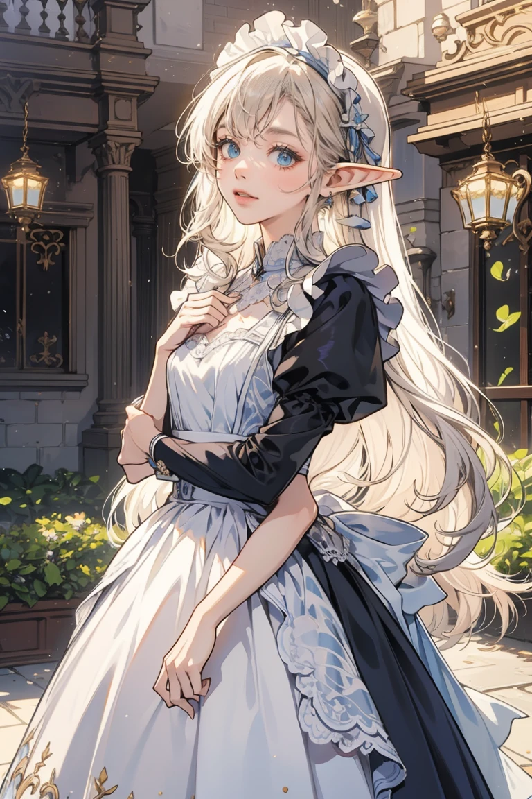 Anime Style、Elf、Beautiful girls aged 15 and over、、Maid outfits that aren&#39;t frilly ribbons、Earrings、Long black hair、cute、Baby Face、smile、Very cute headband
