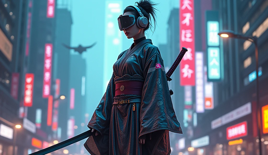 Cyberpunk samurai geisha with headphones