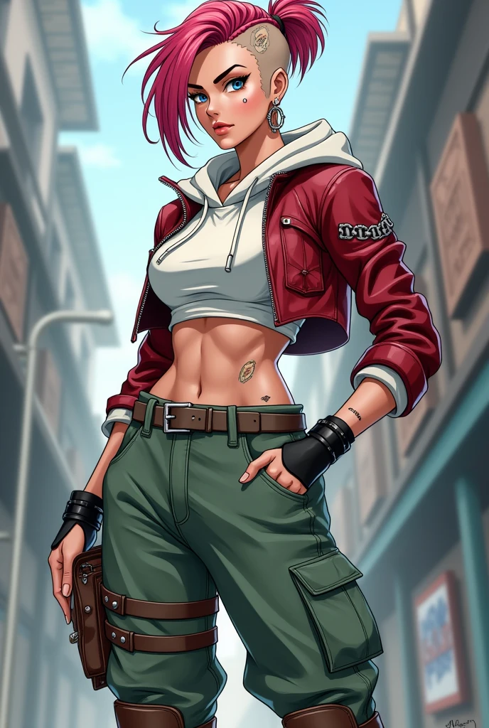 Currently, Vi stands at an average height. Possessing a muscular build in her arms along with a fair shade of skin.

Her hair is styled in a choppy manner, originally shaded a reddish pink but is now shaded more red hue as she got older. With the end tips going down to a darker shade, with the rightside of her hair shaved. She also has light blue eyes. She sports ring piercings, two on her left ear and one on her left nostril, a variety of tattoos across her back (including a 'vi' marking on her right cheek), a small scars in the middle of her right brow and upper lip, and a fingerless pair of bandages on her forearms.

Her attire consists of a white top that has a royal blue hood attached with it, soon covered by a short red leather jacket that has royal blue sleeve hemlines, snaps, and lapels. With some thin edges layered in the same color that have the sleeves rolled to her elbows. Her top tucked under a pair of baggy(ish) sage green pants (with dull grey stripes running downward in a pattern) with the right pant sporting a brown flap pocket. Finished with a pair of worn and weathered knee-high boots. Do it anime style