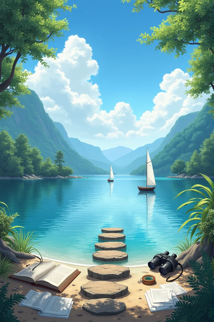 "A calm lake with a few sailboats in the distance, surrounded by lush green hills and towering trees. On the shore, an open book lies next to a pair of binoculars, with a few papers and a pen scattered around. The sky is clear with a few fluffy white clouds, representing clarity and new ideas. In the foreground, a few stepping stones lead into the lake, inviting the viewer to take a step forward and explore."