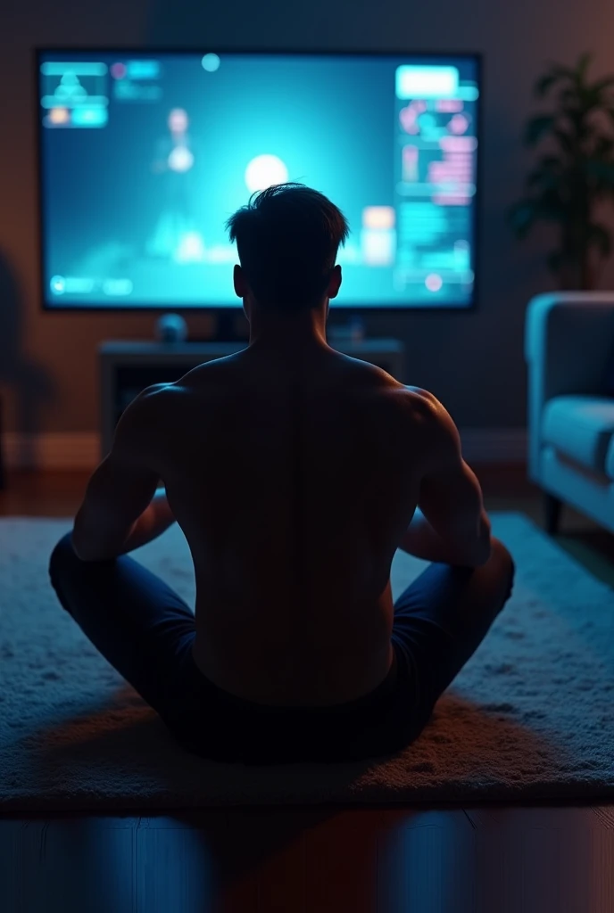 Draw me a person with a good physique playing on a video game console with his back turned upside down