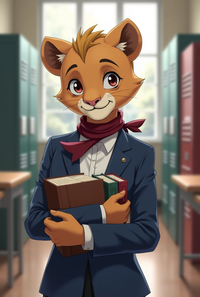 Female lioness, school, in his hand books with a smile without muscles, with a white shirt suit and a blue suit, with little hair with a small wine-colored scarf on the neck with this seed 3978801890