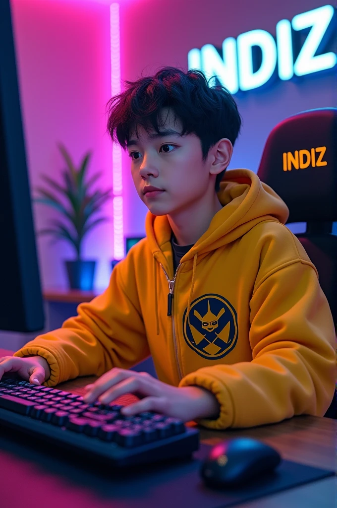 Generate a 2D image in this image a 1 handsome boy sitting on the gaming chair And his hands are on the keyboard buttons placed on the table and it looks like he is typing on the keyboard He's wearing a yellow robe and has a hacker mark on it It has RG lighting in the background and INDIZ Gaming written on the back Full on RGB Lighting