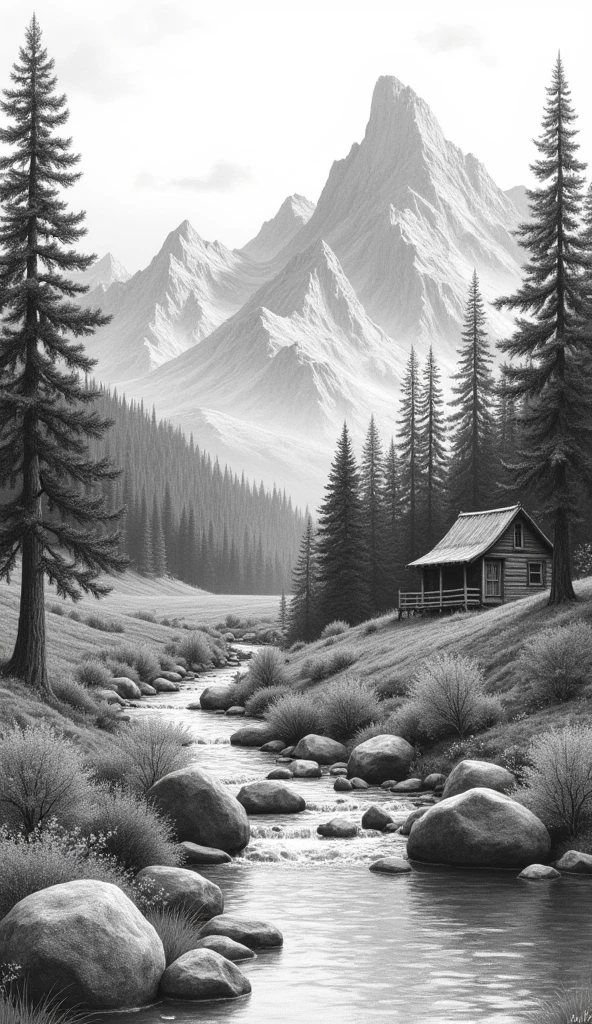 beautiful landscape, pencil draw, Coal chips, mountain view, spring time, forest trees, rustic house, crystal clear stream