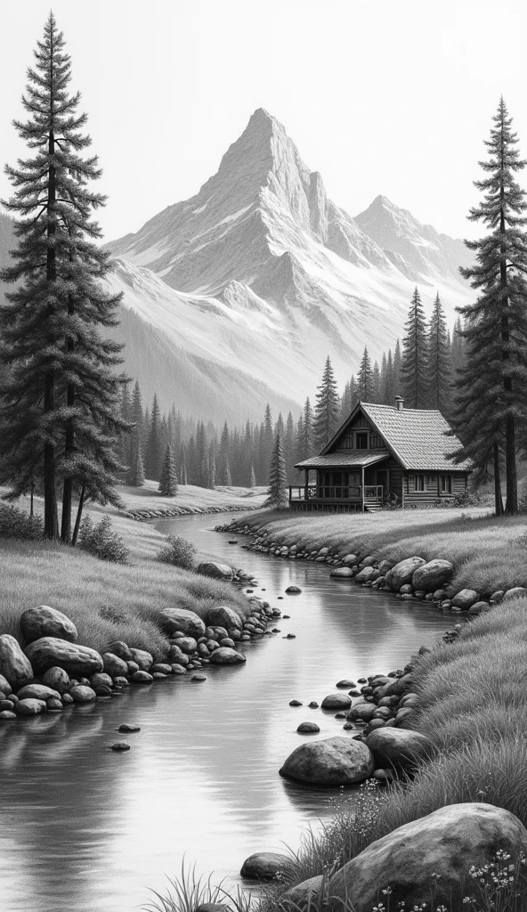 beautiful landscape, pencil draw, Coal chips, mountain view, spring time, forest trees, rustic house, crystal clear stream 