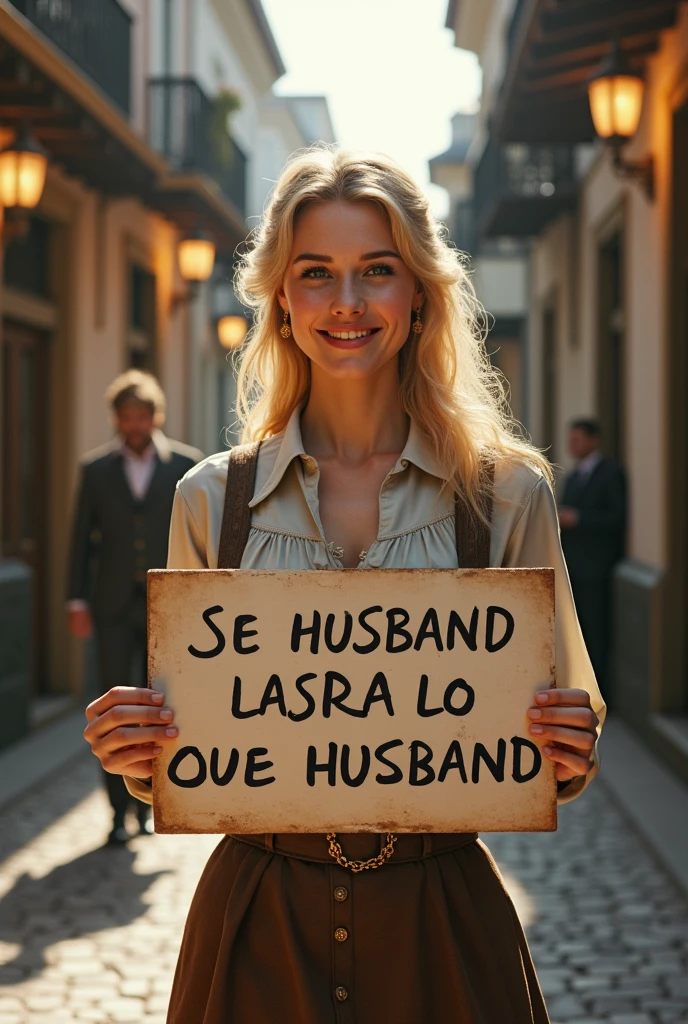 A friendly blonde woman in period dress with a sign that reads: urgently buy husband LADY pays well (It has to be in Portuguese)realisitic