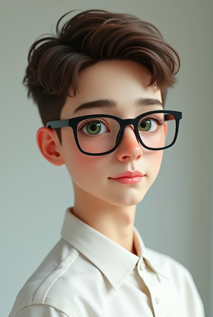 Create an image of a human age male with dark glasses and short brown hair and green eyes and a white shirt