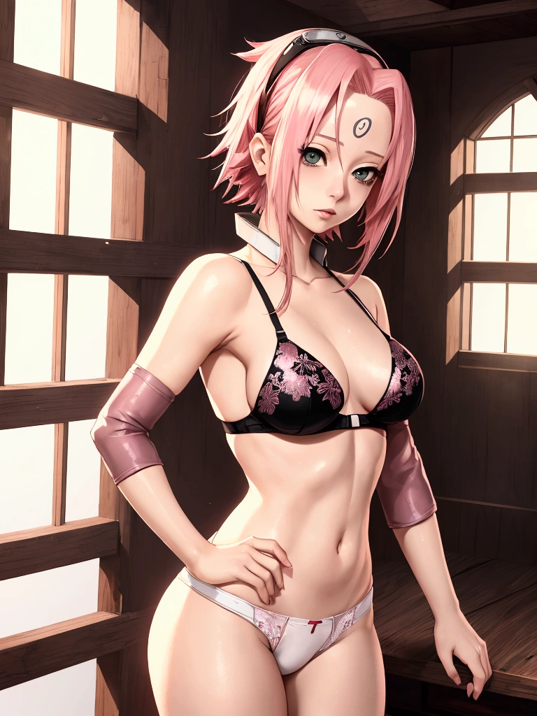 sakura haruno, wearing tight, wet white panties,black bra 