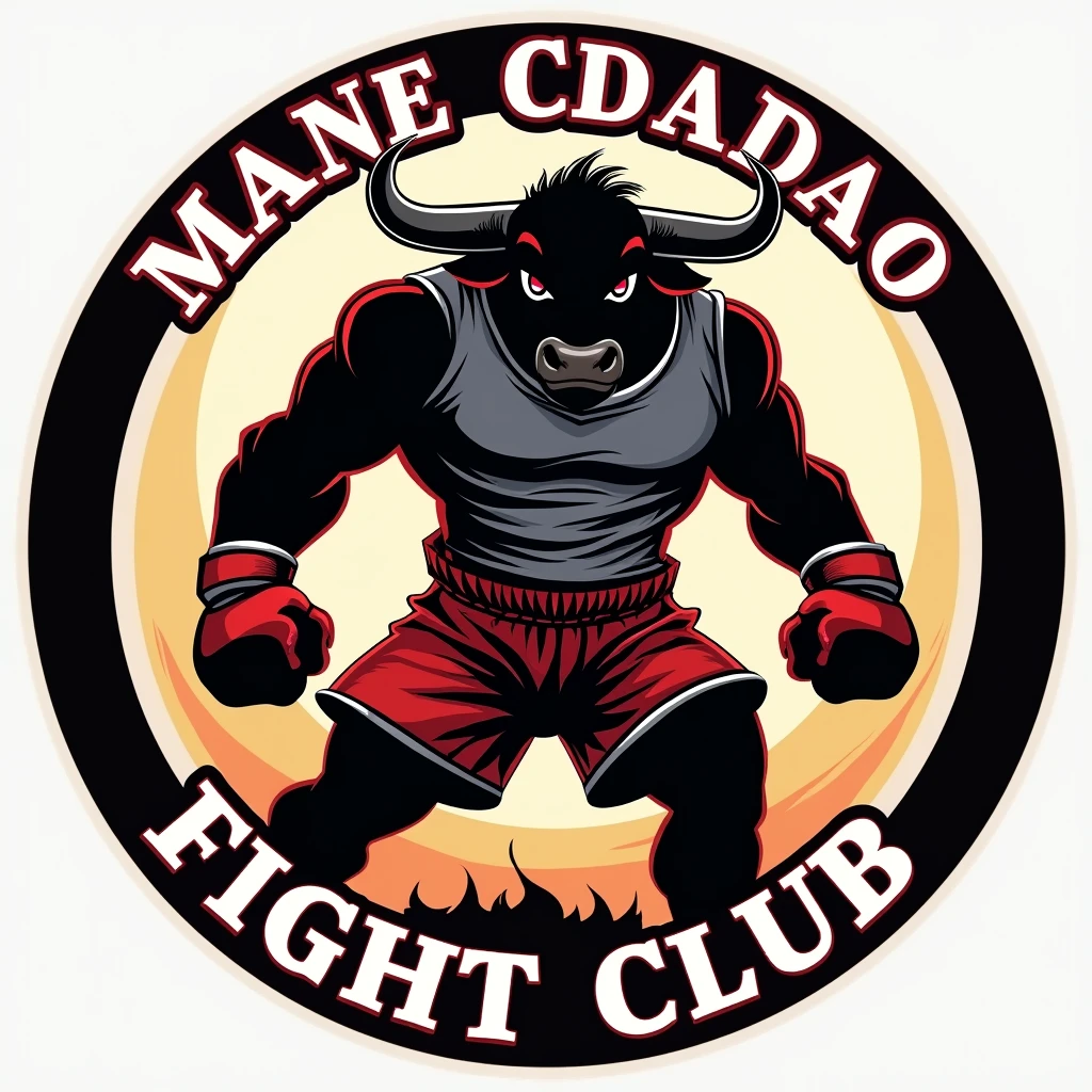 A detailed, high-quality illustration of a full-body silhouette of a bull in a powerful pose for a fighting club logo. The bull should be wearing a red and gray shirt, red Muay Thai shorts, and boxing gloves on its hands. Surrounding the bull, create a circular border with the text 'MANE CIDADAO FIGHT CLUB' in bold, readable letters suitable for a medal design. The artwork should be clean and bold, making it ideal for printing on a medal. The design should emphasize strength and aggression, with sharp lines and a striking visual impact, capturing the dynamic and fierce nature of the bull in its fight attire."Alta resolução, Preciso, Alta qualidade, 