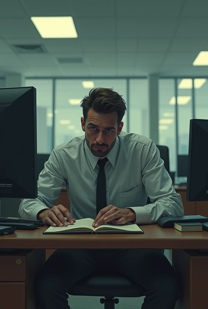 Man working in an office, jaded, wanting to go home 