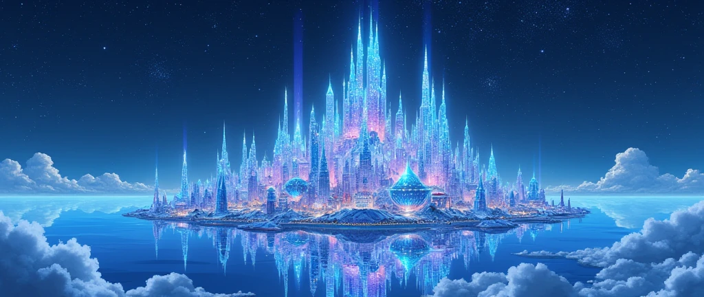 Highly detailed anime-style still images, Ghibli Studio Style, masterpiece, Official Art, Professional, ((Super detailed)), 8k,
A sparkling city, crystallization, Reflective surface, Prism light effect, The setting is a floating island surrounded by a starry sky..