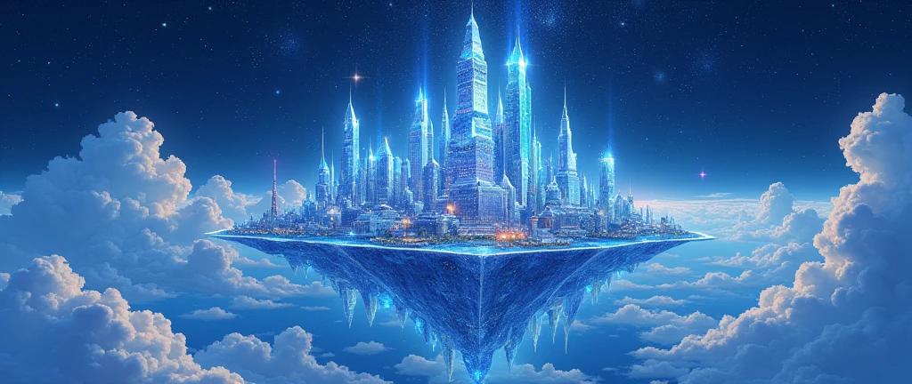 Highly detailed anime-style still images, Ghibli Studio Style, masterpiece, Official Art, Professional, ((Super detailed)), 8k,
A sparkling city, crystallization, Reflective surface, Prism light effect, The setting is a floating island surrounded by a starry sky..