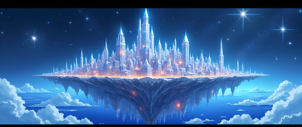 Highly detailed anime-style still images, Ghibli Studio Style, masterpiece, Official Art, Professional, ((Super detailed)), 8k,
A sparkling city, crystallization, Reflective surface, Prism light effect, The setting is a floating island surrounded by a starry sky..