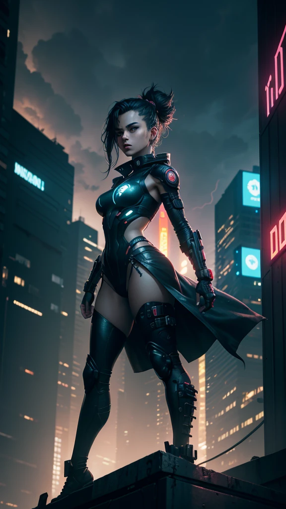 Digital artwork, concept art, a cyberpunk girl with segurando uma placa escrito: "500 subscribers" , standing on rooftop with a dark dystopian city in the background, dynamic pose, fierce, comics style, extremely intricate, extremely detailed, ominous lighting, dramatic lighting, dark stormy night, shot with Hasselblad, long exposure
