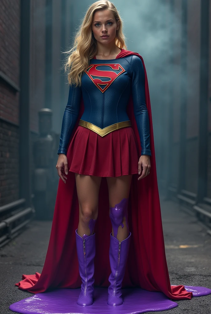 Sydney Sweeney in the Supergirl costume and her boots dirty with a purple slime-like substance