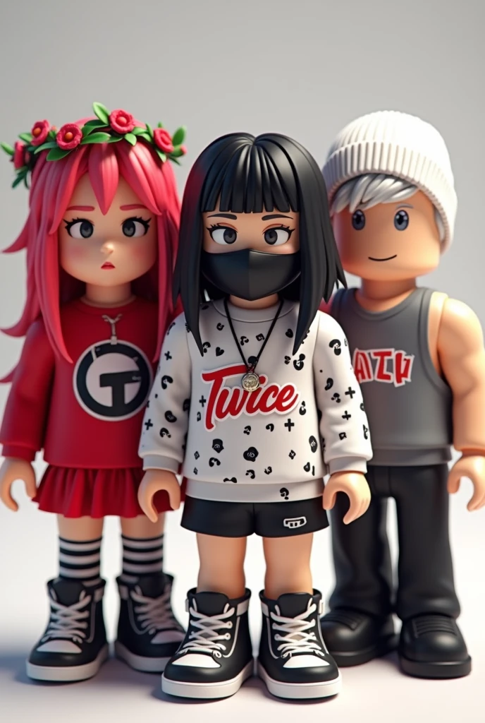 2 girls and 2 boys in Roblox character in 1 frame
1 girl dress up as emo red hair with red shirt and red skirt
1 girl dress up as pink hair girl with flowers crown and kpop's TWICE merch
1 boy dress up as emo black hair,have black mask and white black pattern on his shirt
1 boy dress up as sleeveless grey shirt with white hair and a white binie
they all in roblox character and they all 4 of them