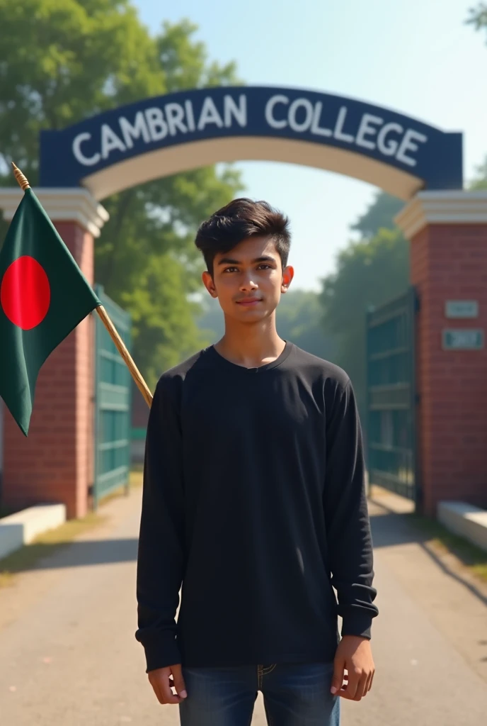 I am a  boys student of cambrian school and College. I see my College gate.College name shown the college gate. College name cambrian College. I wear black tshirt full sleve. My hand a Bangladeshi flag