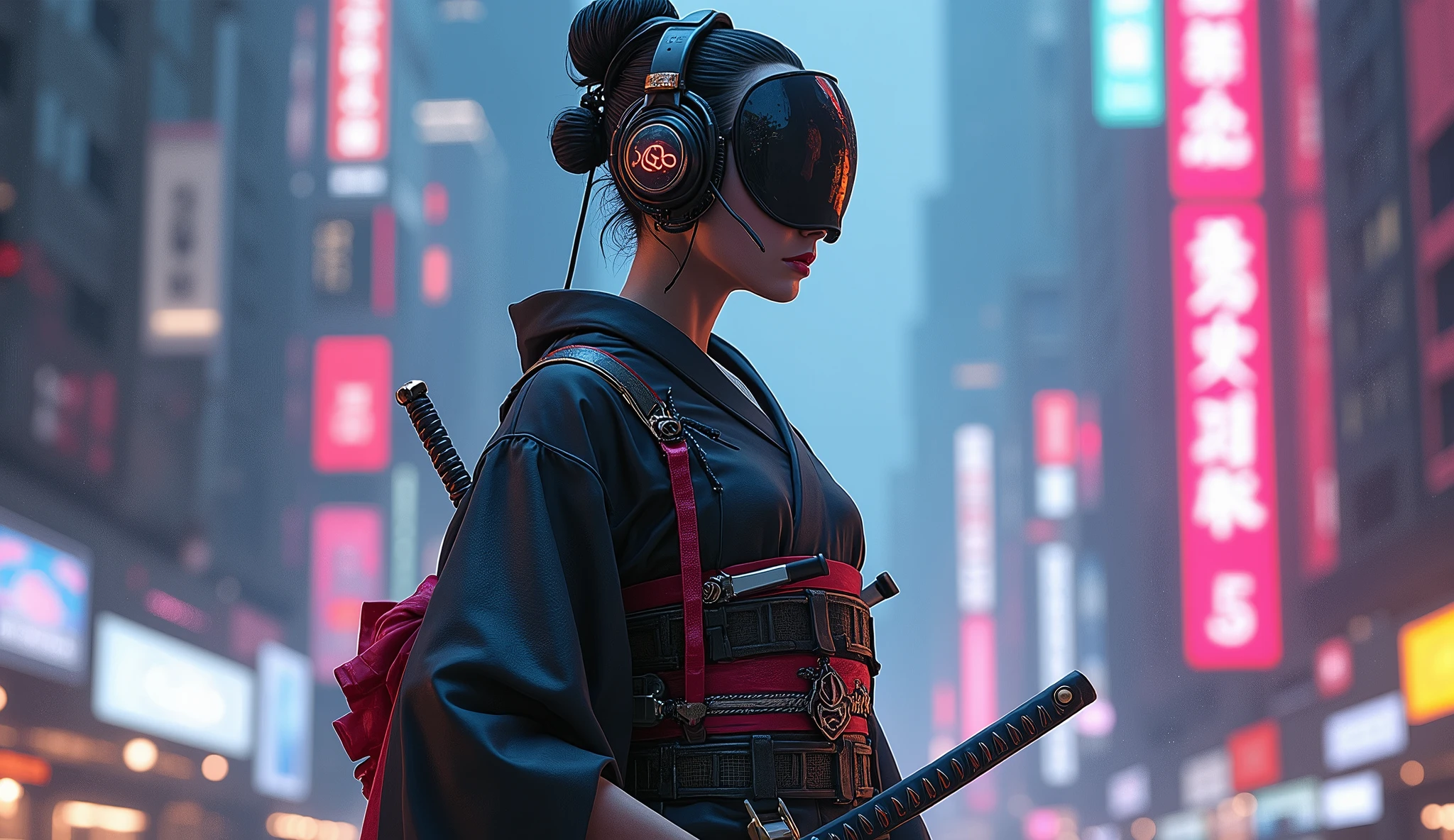 Cyberpunk samurai geisha with headphones
