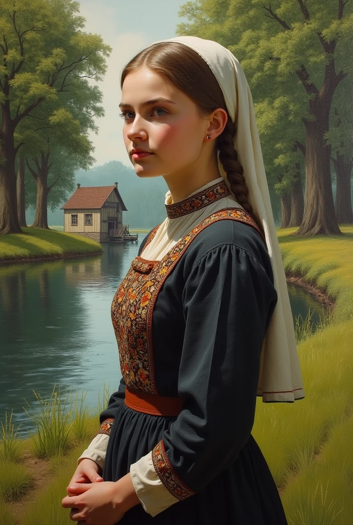 Realism
Slavic woman
girl 20 years old, Slavic Christian clothing 1880, at a distance of 3 meters,
realistic, in the background an oak grove, a mill on the river,
Style - Ivan Shishkin, Vasily Polenov, Vasily Surikov, Isaac Levitan, Ilya Repin.
