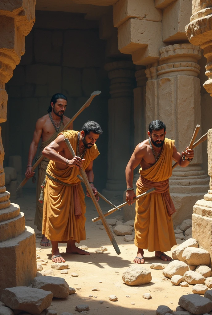 Prompt: "A scene depicting ancient Indian artisans working on the rock-cut caves, using chisels and hammers. The background should show partially completed sculptures and reliefs, with dust and rock debris scattered on the ground."