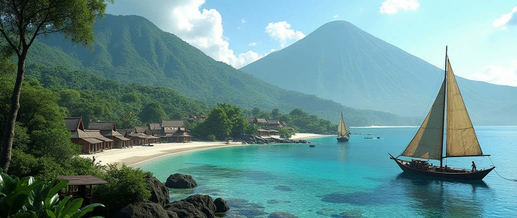 Village from ancient Ternate island, Maluku, Indonesia, beside a ocean and Ternate mountain, there is no peoples, kora-kora ships, hyper realistic, masterpiece, best quality, ultra-detailed, UHD, 64K