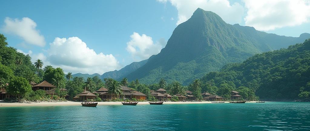 Village from ancient Ternate island, Maluku, Indonesia, beside a ocean and Ternate mountain, there is no peoples, kora-kora ships, hyper realistic, masterpiece, best quality, ultra-detailed, UHD, 64K