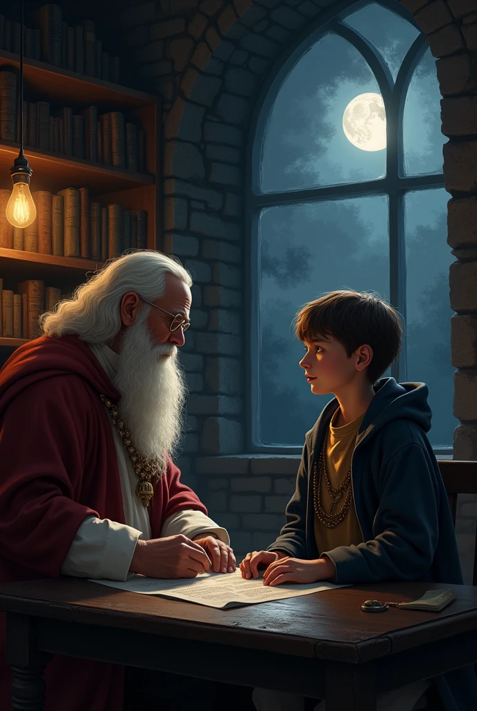 un enfant regarde et ecoute un homme sage et vieux qui est son professeur, il sont dans un bureau, la nuit , moyen age