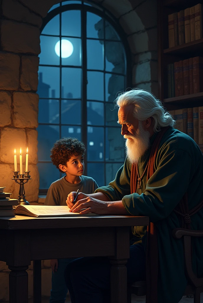 un enfant regarde et ecoute un homme sage et vieux qui est son professeur, il sont dans un bureau, la nuit , moyen age