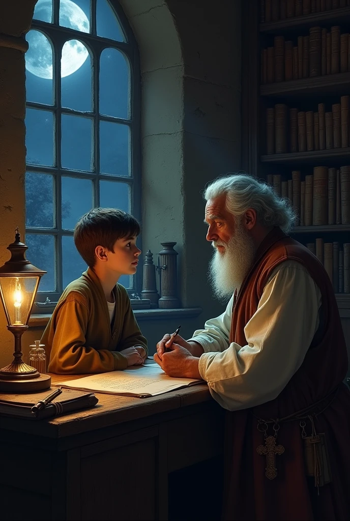 un enfant regarde et ecoute un homme sage et vieux qui est son professeur, il sont dans un bureau, la nuit , moyen age