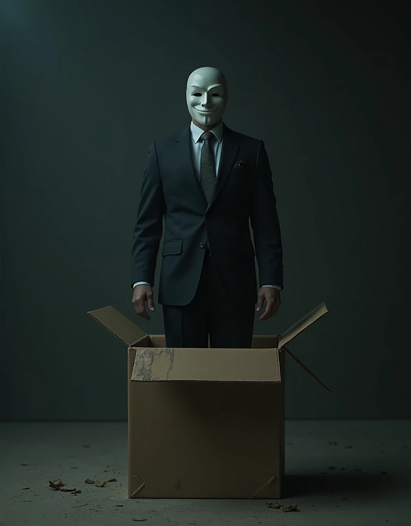 masked businessman coming out of a box. the environment is dark and empty.