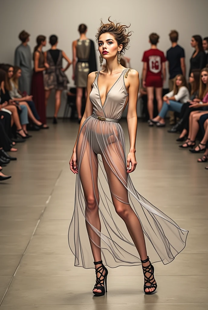 (masterpiece), (best quality), (Extremely detailed),(Messy hair),(illustration), (1 Girl), (Fashion), permanent, fashion model, Looking at the audience, (interview:1.3), Beautiful and delicate eyes, Delicate and beautiful face, Perfect body,(((Sheer dress:1.28))),Long legs,((Modern style fashion:1.2)),((Pantyhose)),High heel,Very detailed details,Stand on the catwalk
