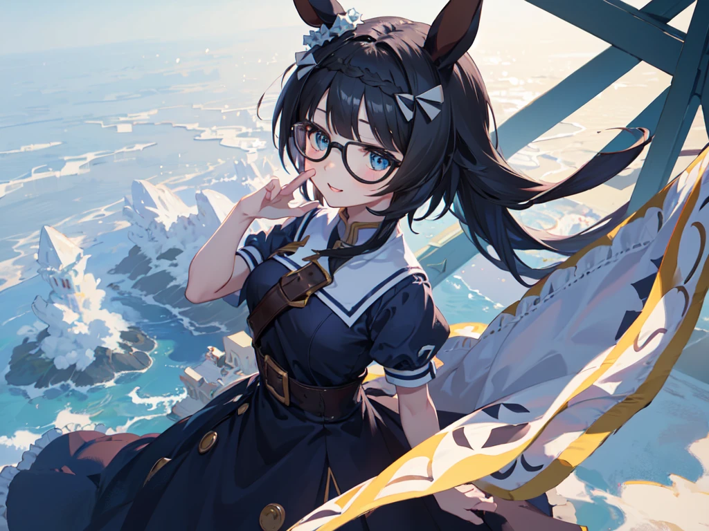 solo、Alone、1Alone。masterpiece, 超High resolution, Highest quality, High resolution, 8k、(noline:1.5)、(flat2-DIM1:1.5)、Shooting from above、Upper Body Shot。Girl with horse ears、beautiful girl、Wear black glasses。Big Breasts、Pale pink lips、smile。Blue blouse、Navy Blue Skirt、A large blue ribbon on the chest。The body is tilted diagonally to the side、Place your hand on your chest。Wind、Starry Sky、cliff