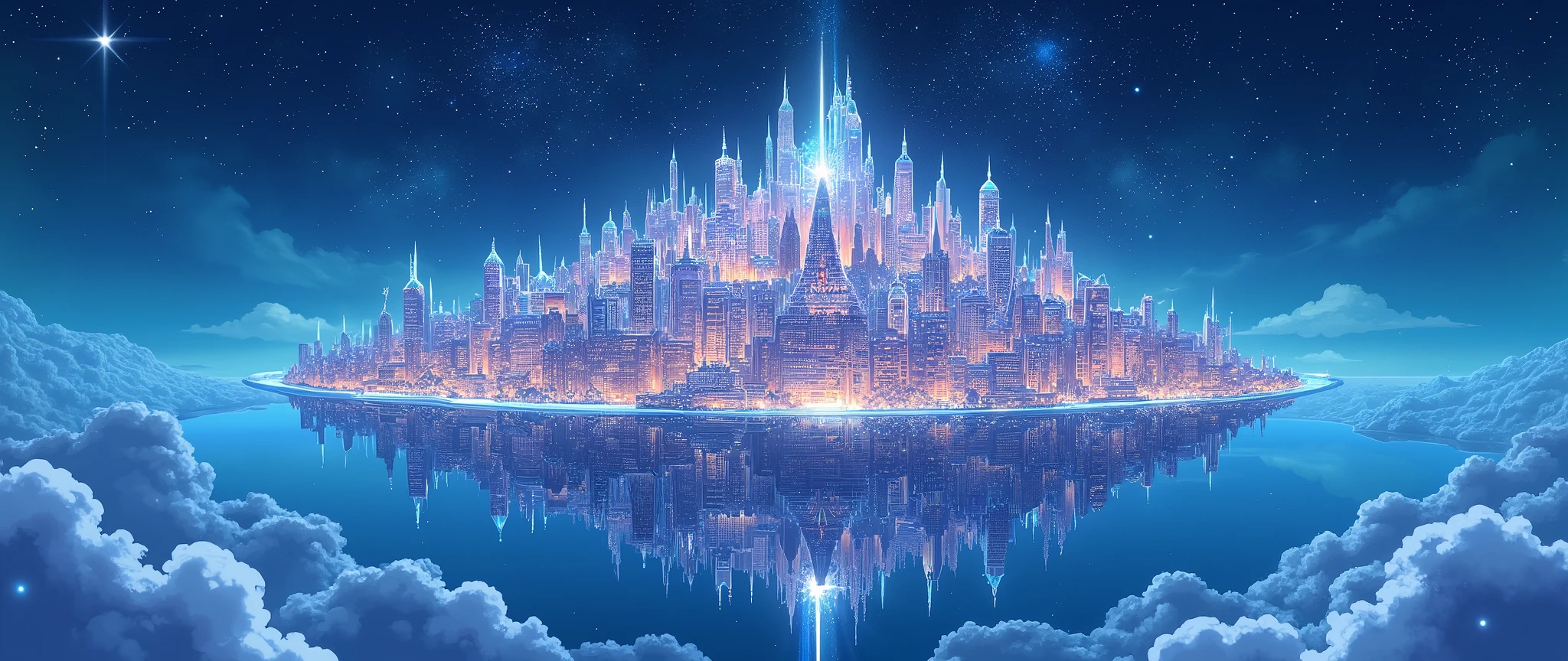 Highly detailed anime-style still images, Ghibli Studio Style, masterpiece, Official Art, Professional, ((Super detailed)), 8k,
A sparkling city, crystallization, Reflective surface, Prism light effect, The setting is a floating island surrounded by a starry sky..