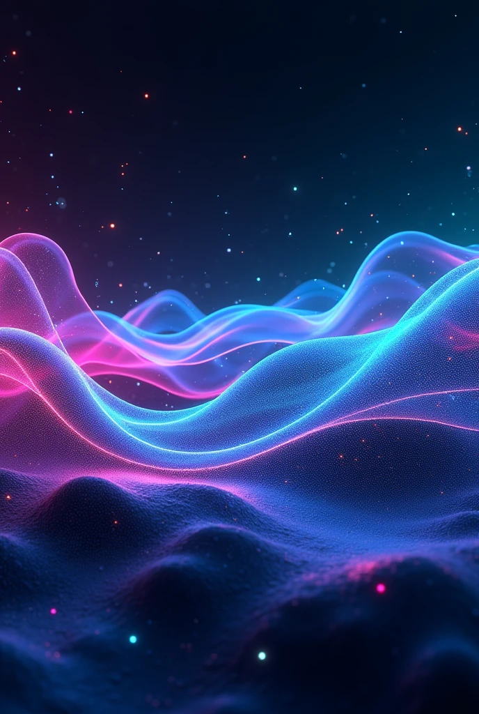 Create an abstract background with flowing neon waves in a dark, cosmic space. The waves should be in vibrant colors like electric blue, hot pink, and neon green, intertwining and pulsating with energy. Include subtle sparkles and light flares to give it a futuristic, digital aesthetic